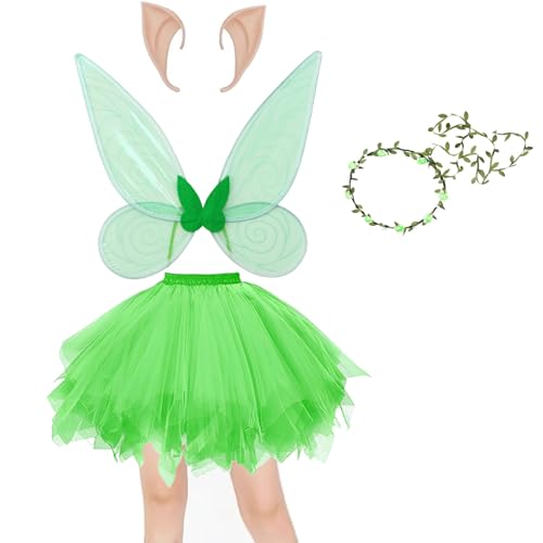 Feen Kostüm Damen Set,4er Elfe Kostüm Tüllrock mit Elfen Fee Flügel & Elfenohren & Blumenkranz Zahnfee Waldfee Faschingskostüme Damen Nymphe Cosplay Forest Fairy Costume(Grüner) von Winwild