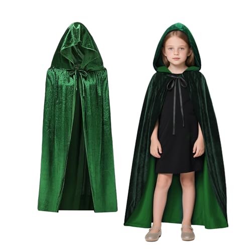 Winwild Halloween Kostüm Kinder Umhang mit Kapuze,100cm Samt Cape Grün Junge Mädchen Unisex für Umhang Halloween Mittelalter Karneval Kostüm Cosplay von Winwild