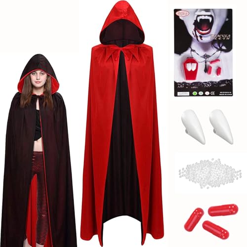 Halloween Vampir Kostüm - Beidseitig Rot Schwarz Umhang mit Kaputze & Vampirzähne & Kunstblut,140 cm Vampir Umhang Halloween Cape Dracula Kostüme Kinder Mädchen für Halloween Fasching Karneval Halloween Vampir Kostüm - Beidseitig Rot Schwarz Umhang mit Kaputze & Vampirzähne & Kunstblut,140 cm Vampir Umhang Halloween Cape Dracula Kostüme Kinder Mädchen für Halloween Fasching Karneval von Winwild