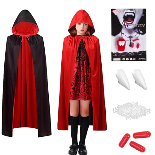Halloween Vampir Kostüm - Beidseitig Rot Schwarz Umhang mit Kaputze & Vampirzähne & Kunstblut,120 cm Vampir Umhang Halloween Cape Dracula Kostüme Kinder Mädchen für Halloween Fasching Karneval Halloween Vampir Kostüm - Beidseitig Rot Schwarz Umhang mit Kaputze & Vampirzähne & Kunstblut,120 cm Vampir Umhang Halloween Cape Dracula Kostüme Kinder Mädchen für Halloween Fasching Karneval von Winwild