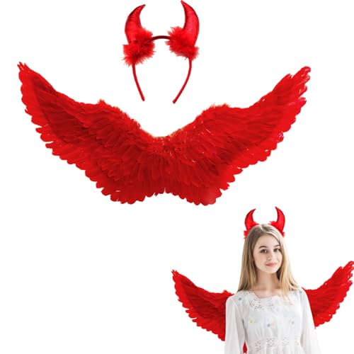 Winwild Kinder Engelsflügel Rot mit Teufelshörner Engel Flügel 60CM Engel Teufel Feen Kostüm Accessoires für Halloween Karneval Cosplay Party Fasching Verkleidung von Winwild