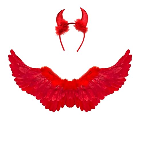 Winwild Kinder Engelsflügel Rot mit Teufelshörner Engel Flügel 60CM Engel Teufel Feen Kostüm Accessoires für Halloween Karneval Cosplay Party Fasching Verkleidung von Winwild
