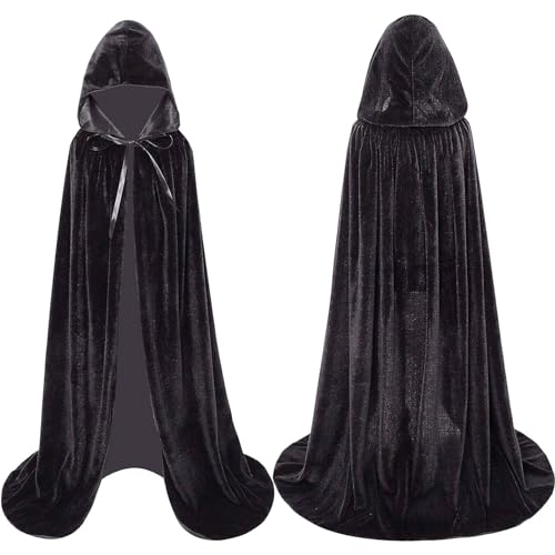 Winwild Schwarzer Umhang mit Kapuze,170CM Samt Cape Vampir Kostüm Damen Herren Erwachsener für Karneval Halloween Cosplay Kostüm(XL) von Winwild