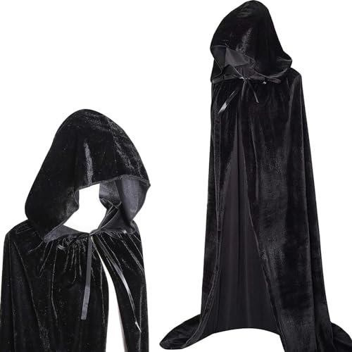 Winwild Schwarzer Umhang mit Kapuze,150CM Samt Cape Vampir Kostüm Damen Herren Erwachsener für Karneval Halloween Cosplay Kostüm(L) von Winwild