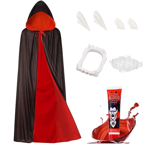 Winwild Unisex Vampir Umhang Erwachsene,Vampir Kostüm Set - 150cm Doppelseitig Halloween Umhang mit Kapuze & Zähne & Kunstblut,Schwarzer Rot Dracula Cape Halloween Kostüm Kinder Vampire von Winwild