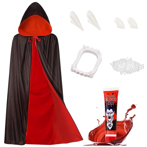 Winwild Unisex Vampir Umhang Kinder,Vampir Kostüm Set - 90cm Doppelseitig Halloween Umhang mit Kapuze & Zähne & Kunstblut,Schwarzer Rot Dracula Cape Halloween Kostüm Kinder Vampire von Winwild