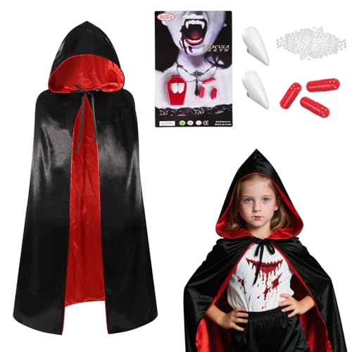 Winwild Vampir Kostüm Kinder Set,90cm Unisex Halloween Umhang mit Kapuze & Vampirzähne & Kunstblut,Doppelseitig Vampir Umhang Kinder Dracula Cape Vampire Kostüm Rot Schwarz Umhang Mädchen Jungen von Winwild