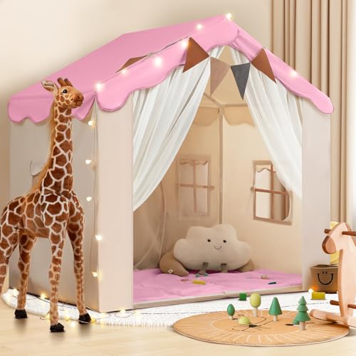 WIRHAO 2 IN 1 Kinderzelt, Kinder Spielhaus Indoor mit Matte und Lichtern, Kinder Bettzelt, Spielzelt für Drinnen, Prinzessin Zelt, Kinderspielhaus, Kuschelecke Kinderzimmer Dekor ab 3 Jahre（Rosa） von Wirhao