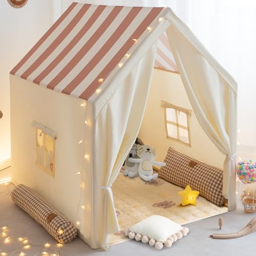 WIRHAO Kinderzelt mit gepolsterter Matte Spielhaus mit großem Platz für Kleinkinder Indoor Kinder Spielzelt für Mädchen Jungen mit Sternen Lichtern, Tragetasche, Banner Flagge, niedliche Bärenmatte von Wirhao