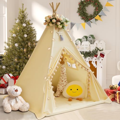 WIRHAO Tipi Zelt für Kinder mit gepolsterter Matte Baumwolle Canvas Tipi Kinder Zelt mit Pompom Indoor Kinderzelt für Mädchen Jungen mit Sternen Lichter, Tragetasche, Banner Flagge（Creme） von Wirhao