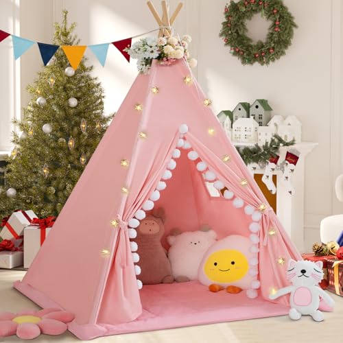 WIRHAO Tipi Zelt für Kinder mit gepolsterter Matte Baumwolle Canvas Tipi Kinder Zelt mit Pompom Indoor Kinderzelt für Mädchen Jungen mit Sternen Lichter, Tragetasche, Banner Flagge（Rosa） von Wirhao