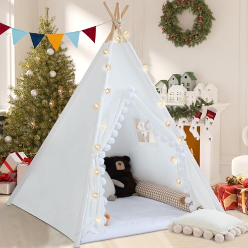 WIRHAO Tipi Zelt für Kinder mit gepolsterter Matte Baumwolle Canvas Tipi Kinder Zelt mit Pompom Indoor Kinderzelt für Mädchen Jungen mit Sternen Lichter, Tragetasche, Banner Flagge（Weiß） von Wirhao