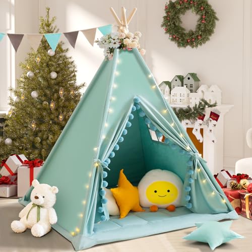 WIRHAO Tipi Zelt für Kinder mit gepolsterter Matte Baumwolle Canvas Tipi Kinder Zelt mit Pompom Indoor Kinderzelt für Mädchen Jungen mit Sternen Lichter, Tragetasche, Banner Flagge (Grün) von Wirhao