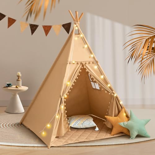 WIRHAO Tipi Zelt für Kinder mit gepolsterter Matte Baumwolle Canvas Tipi Kinder Zelt mit Pompom Indoor Kinderzelt für Mädchen Jungen mit Sternen Lichter, Tragetasche, Banner Flagge (Khaki) von Wirhao