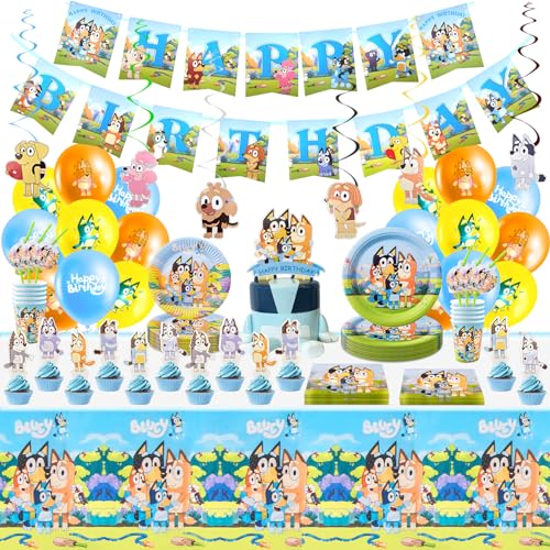 Wirhaut Partygeschirr Geburtstagsdeko,111 Stück Bluey Kindergeburtstag Deko Partygeschirr Kindergeburtstag Set Inklusive Banner,Luftballons,Cake Toppers,Tischdecken,Teller und Servietten von Wirhaut