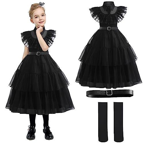 Wirhaut Gothic Kleid Kostüm Kinder Mädchen, Schwarz Kostüm Mädchen Faschingskostüme, Karneval Mädchen Schwarz Midikleid, Family Gothic Outfits für Karneval Halloween Cosplay Party von Wirhaut