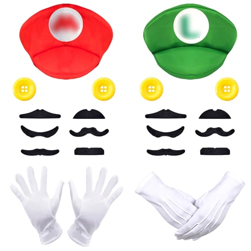 Wirhaut Rot/Grün Hüte, Mari/Luig Mütze, Kostüm Accessories mit Kappen Schnurrbärte Handschuhe Knöpfe, Halloween Karneval Cosplay Thema Party Kostüm für Kinder Erwachsene von Wirhaut