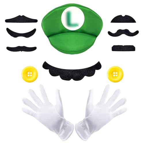 Wirhaut Lui-g Hüte, Grün Mütze, Kostüm Accessories mit Kappen Schnurrbärte Handschuhe Knöpfe, Halloween Karneval Cosplay Thema Party Kostüm für Kinder Erwachsene von Wirhaut