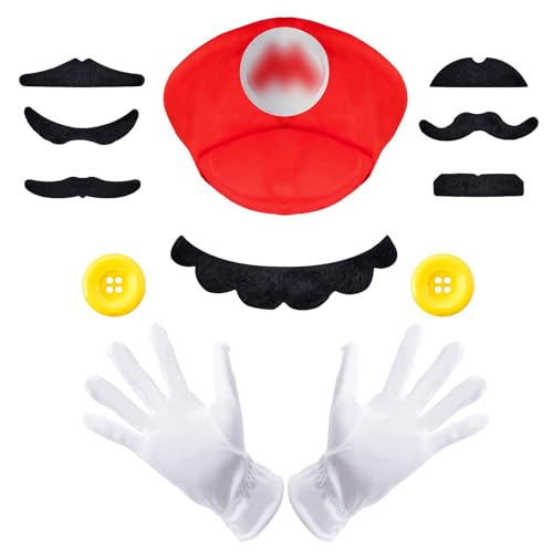 Wirhaut Mari Hüte, Rot Mütze, Kostüm Accessories mit Kappen Schnurrbärte Handschuhe Knöpfe, Halloween Karneval Cosplay Thema Party Kostüm für Kinder Erwachsene von Wirhaut