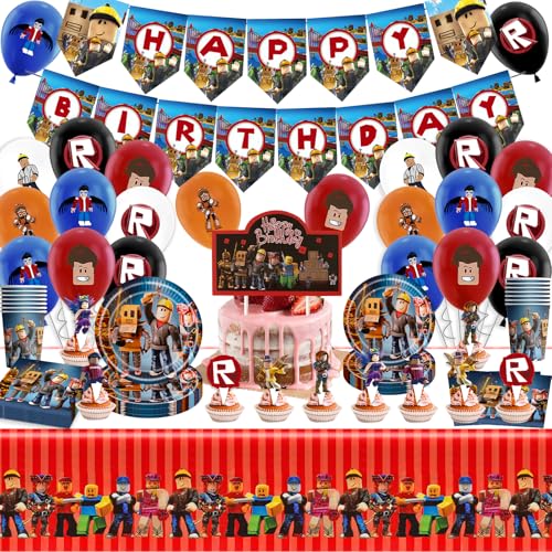 Partygeschirr Geburtstagsdeko Rob-lox Geburtstag Deko, 95 Stück Robot Geburtstag Partygeschirr Kit mit Teller Servietten Balloon, Thema Party Geschirr Zubehör Set Kindergeburtstag für 20 Gäste von Wirhaut