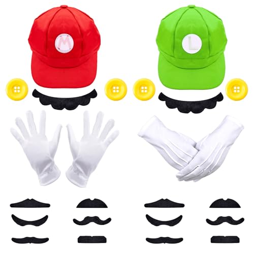 Wirhaut Rot/Grün Mütze, Mari/Luigi Kostüm mit Mütze, Gurt Weißen Handschuhe und Bart, KarnevalCosplay Kostüm für Kinder Erwachsene Damen Wirhaut Rot/Grün Mütze, Mari/Luigi Kostüm mit Mütze, Gurt Weißen Handschuhe und Bart, KarnevalCosplay Kostüm für Kinder Erwachsene Damen von Wirhaut