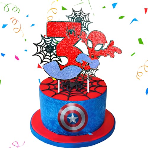 Wirhaut Spider Tortendeko 3 Geburtstag Dekoration, Happy Birthday Tortendek, Superheld Theme Cupcake Topper für Junge Mädchen Themen Party von Wirhaut