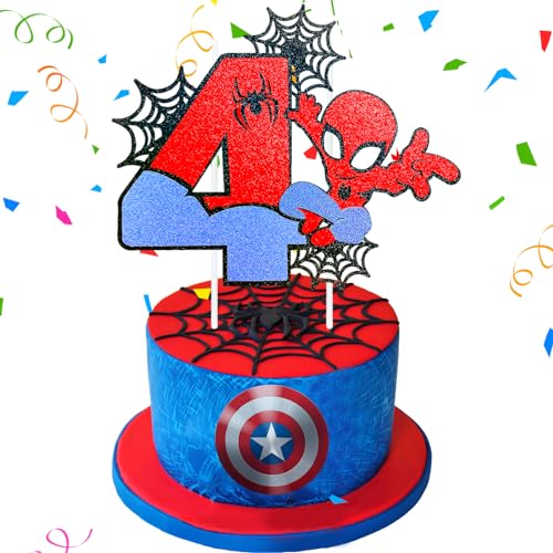 Wirhaut Spider Tortendeko 4 Geburtstag Dekoration, Happy Birthday Tortendek, Superheld Theme Cupcake Topper für Junge Mädchen Themen Party von Wirhaut