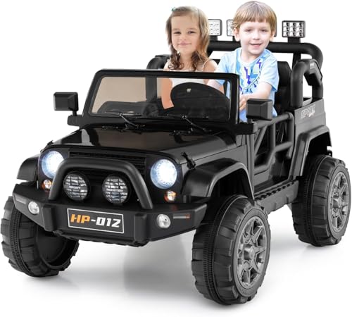 Kinder Elektroauto,2-Sitzer-Aufsitz-LKW, 12-V-Batteriebetriebenes Elektrofahrzeug für Kinder mit Fernbedienung, Leistungsanzeige, LED-Leuchten, Story, Federungssystem, MP3 (Schwarz) von Wisbecost