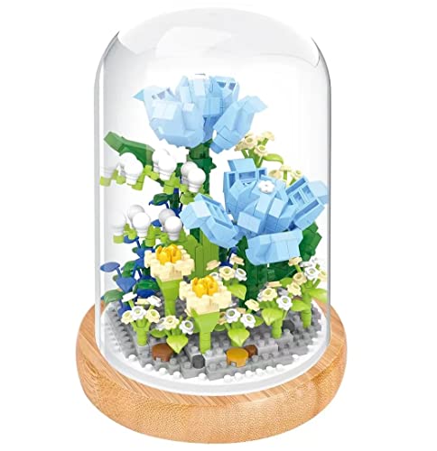 Wise Hawk Bausatz mit Miniaturblöcken zum Bauen von Blumen. Mit Holzständer und Kuppelabdeckung. Blaue Rose von WiseHawk