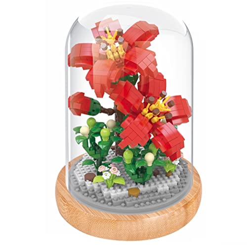 Wise Hawk Bausatz mit Miniaturblöcken zum Bauen von Blumen. Mit Holzständer und Kuppelabdeckung. Chinesische Rose von WiseHawk