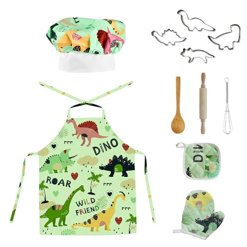 Wisebom Kinderschürze Kinder Backset, 11 Stück Dinosaurier Schürze Handschuhe Kochmütze Nudelholz Kinder Kochset, Rollenspiele Küchenspielzeug Geschenk für Mädchen Jungen (Grün) von Wisebom