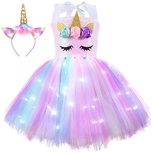 3-8 Jahre Geburtstag Mädchen Einhorn Kleid mit Stirnband, Pailletten beleuchtetes Tutu Einhorn Party Kostüm Tanzprinzessin Kleid (5-6 Jahre, Rosa) von Wish Care