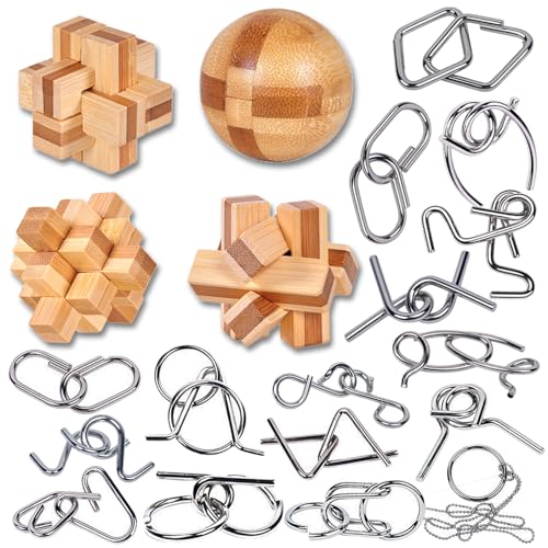 WishesMar 20 Stück Knobelspiele Holz Set Puzzle Metall Puzzle Geduldspiel Holzspielzeug Denkspiele Geschenk für Erwachsene und Kind - Logik Geist Spielzeug Größe 5.0 cm von WishesMar
