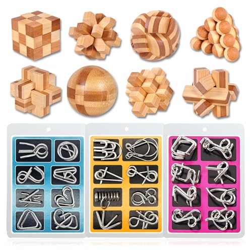 WishesMar 32 Stück Knobelspiele Holz Set Puzzle Metall Puzzle Geduldspiel Holzspielzeug Denkspiele Geschenk für Erwachsene und Kind - Logik Geist Spielzeug Größe 5.0 cm von WishesMar