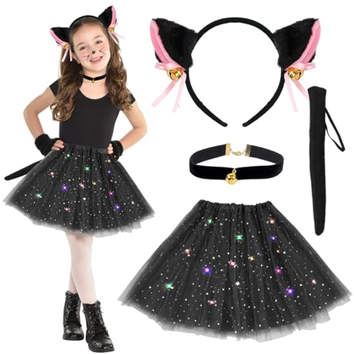 Katzen Kostüme Mädchen, Leuchtende Katzenkostüm, Karneval Kostüm Kinder Katze, Led Tutu Tüllrock, Katze Ohren Headband, Tail und Krawatte, Tiere Cosplay Kinderkostüm für Kinder Karneval Fasching Katzen Kostüme Mädchen, Leuchtende Katzenkostüm, Karneval Kostüm Kinder Katze, Led Tutu Tüllrock, Katze Ohren Headband, Tail und Krawatte, Tiere Cosplay Kinderkostüm für Kinder Karneval Fasching von Wishstar
