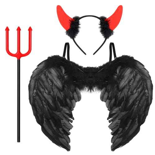 Teufel flügel, Teufelskostüm für Damen, Schwarz Engelsflügel Teufelshörner Teufelgabel, 60*45CM Dunkelheit Engel Flügel, Gefallener Engel kostüme für halloween fasching karneval cosplay mottoparty von Wishstar