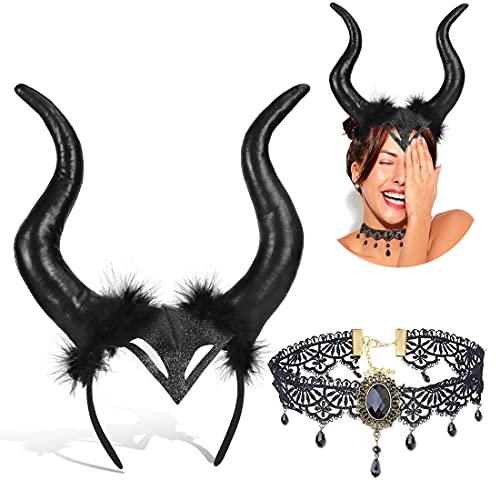 Wishstar 2 pcs Halloween Königin Hörner Kopfbedeckung,hörner Kopfschmuck Gothic Spitze Halskette Schwarz Set,teufelshörner schwarz Cosplay,Haarschmuck für Karneval Cosplay Maskerade Halloween hexen Wishstar 2 pcs Halloween Königin Hörner Kopfbedeckung,hörner Kopfschmuck Gothic Spitze Halskette Schwarz Set,teufelshörner schwarz Cosplay,Haarschmuck für Karneval Cosplay Maskerade Halloween hexen von Wishstar