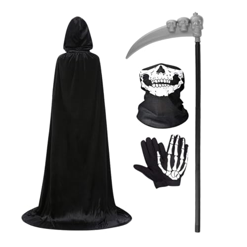 Wishstar Halloween Kostüm Sensemann, Umhang mit Kapuze 150 cm, Halloween Costume Schwarz, Halloween Kostüme Cape mit Sense Skeletthandschuhe Maske für Unisex Halloween Party Rollenspiel Wishstar Halloween Kostüm Sensemann, Umhang mit Kapuze 150 cm, Halloween Costume Schwarz, Halloween Kostüme Cape mit Sense Skeletthandschuhe Maske für Unisex Halloween Party Rollenspiel von Wishstar