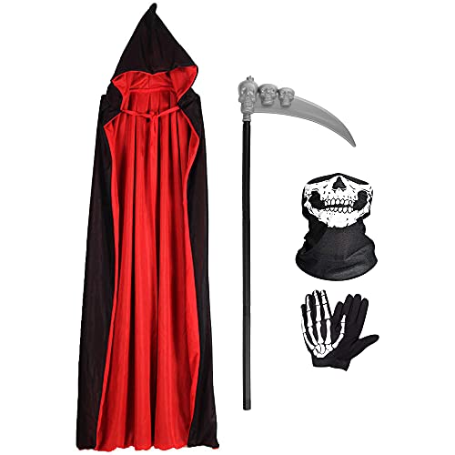 Wishstar Halloween Kostüm Vampir, Umhang mit Kapuze, Schwarz Rot Halloween Costume, Halloween Kostüme Cape mit Sense Skeletthandschuhe Maske für Unisex Halloween Party Rollenspiel Wishstar Halloween Kostüm Vampir, Umhang mit Kapuze, Schwarz Rot Halloween Costume, Halloween Kostüme Cape mit Sense Skeletthandschuhe Maske für Unisex Halloween Party Rollenspiel von Wishstar