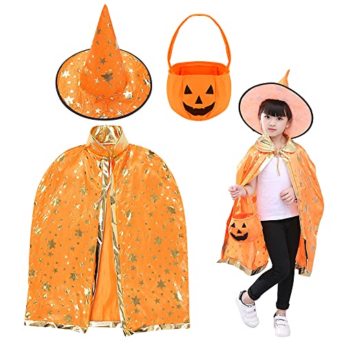 Wishstar Halloween kostüm Kinder, Hexe Zauberer Umhang mit Hut, Fasching Kostüme Hexenkostüm, zauberumhang kinder Orange mit Hut、Kürbis Candy Bag, für Halloween Cosplay Party von Wishstar