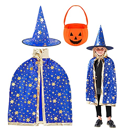 Wishstar Halloween kostüm Kinder, Hexe Zauberer Umhang mit Hut, Fasching Kostüme Hexenkostüm, zauberumhang kinder Blau mit Hut、Kürbis Candy Bag, für Halloween Cosplay Party von Wishstar