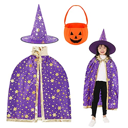 Wishstar Halloween kostüm Kinder, Hexe Zauberer Umhang mit Hut, Fasching Kostüme Hexenkostüm, zauberumhang kinder Lila mit Hut、Kürbis Candy Bag, für Halloween Cosplay Party von Wishstar