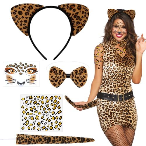 Wishstar Leoparden Kostüm Damen, 5-teiliges Set mit Leopardenohren Haarreif, Schwanz, Fliege, Glitzer Tattoo Gesicht Aufkleber und Leopardenaufkleber - Faschingskostüm, Cosplay, Karneval, Party Wishstar Leoparden Kostüm Damen, 5-teiliges Set mit Leopardenohren Haarreif, Schwanz, Fliege, Glitzer Tattoo Gesicht Aufkleber und Leopardenaufkleber - Faschingskostüm, Cosplay, Karneval, Party von Wishstar