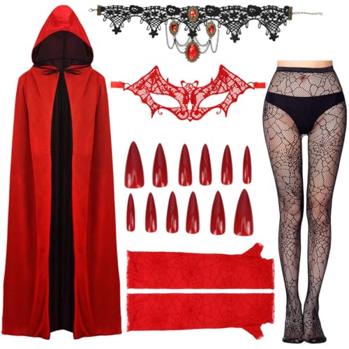 Wishstar Teufel Kostüm Damen, Vampir Kostüm Frauen, 150cm Vampire Umhang Set, Kapuzenumhang Schwarz Rot Doppelseitig, Halloween Karneval Costume Women für Mittelalter Kostüm Party Wishstar Teufel Kostüm Damen, Vampir Kostüm Frauen, 150cm Vampire Umhang Set, Kapuzenumhang Schwarz Rot Doppelseitig, Halloween Karneval Costume Women für Mittelalter Kostüm Party von Wishstar