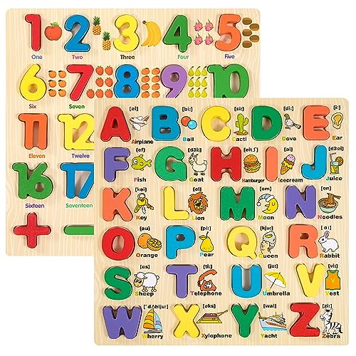Alphabet Puzzle Holzpuzzle Spielzeug für Kinder, 2PCS ABC Buchstaben Zahlen Gestalten Klobige Holz Puzzle Blöcke, Brettspiel Lernspielzeug Geschenk für Kleinkinder und Vorschulkinder für 3 4 5 Jahre von Wisplye