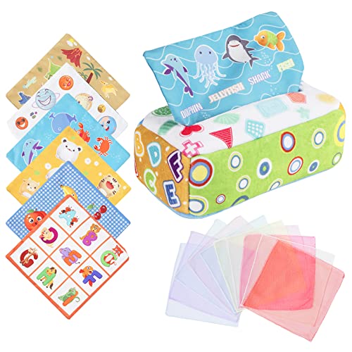 Wisplye Baby Spielzeug Montessori Sensorik Spielzeug, Tissue Box Toy mit 10er Farbiges Tuch, 6er Crinkle Tuch ab 6 7 8 9 10 Monate Mädchen Junge Neugeborenen Baby Geschenk von Wisplye