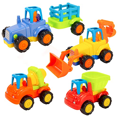 Wisplye Baby Spielzeugauto Spielsachen Baufahrzeuge, 4 Stück Bagger Press Auto Spielzeug, Zurückziehen Spielzeug Fahrzeuge Reibung angetrieben, für Kinder ab 1 2 3 Jahre von Wisplye