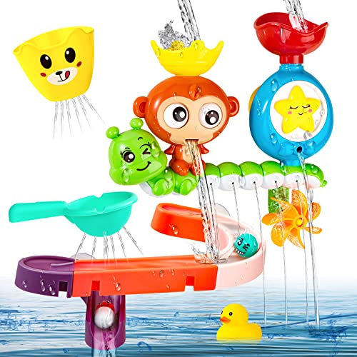 Badespielzeug Baby, 14 Stück Badewannenspielzeug Wasserdusche Kinder, interaktives Dusche Squirting Spielzeug mit Puzzle Autorennbahn, Saugnapf Spielzeug Geschenke für Jungen Mädchen ab 18 Monate+ von Wisplye