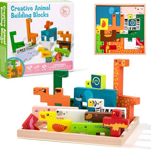 Blöcke Holzpuzzle für Kinder, Holzspielzeug 3D Puzzle Stapelspielzeug Tiere Spielzeug Bunte Muster, Montessori Stapel-und Balancierspiel, Lernspielzeug Geschenk für Jungen Mädchen ab 3 4 5 Jahre von Wisplye