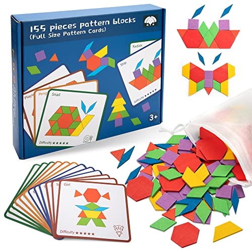 Geometrische Formen Tangrams Holz Puzzle Spielzeug, 155pcs Holzmuster Blöcke Bunte Hölzerne Intelligenz Puzzle Montessori Lernspielzeug Geschenke für Kinder Vorschule von Wisplye